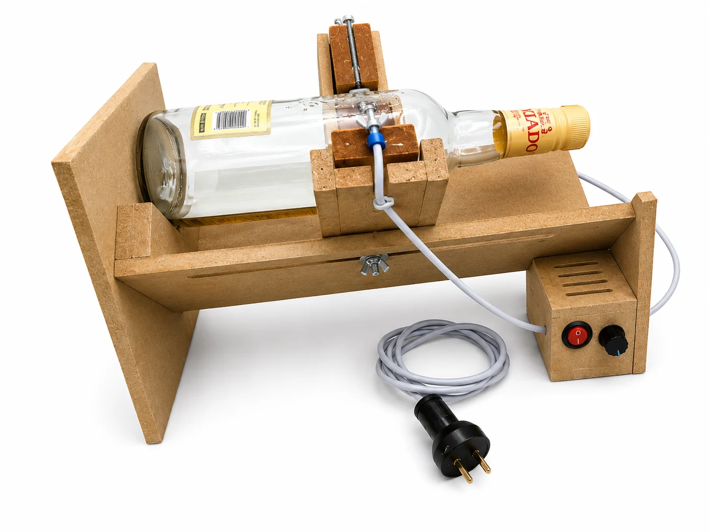 Máquina para cortar botellas de vidrio con base de madera y regulador de temperatura