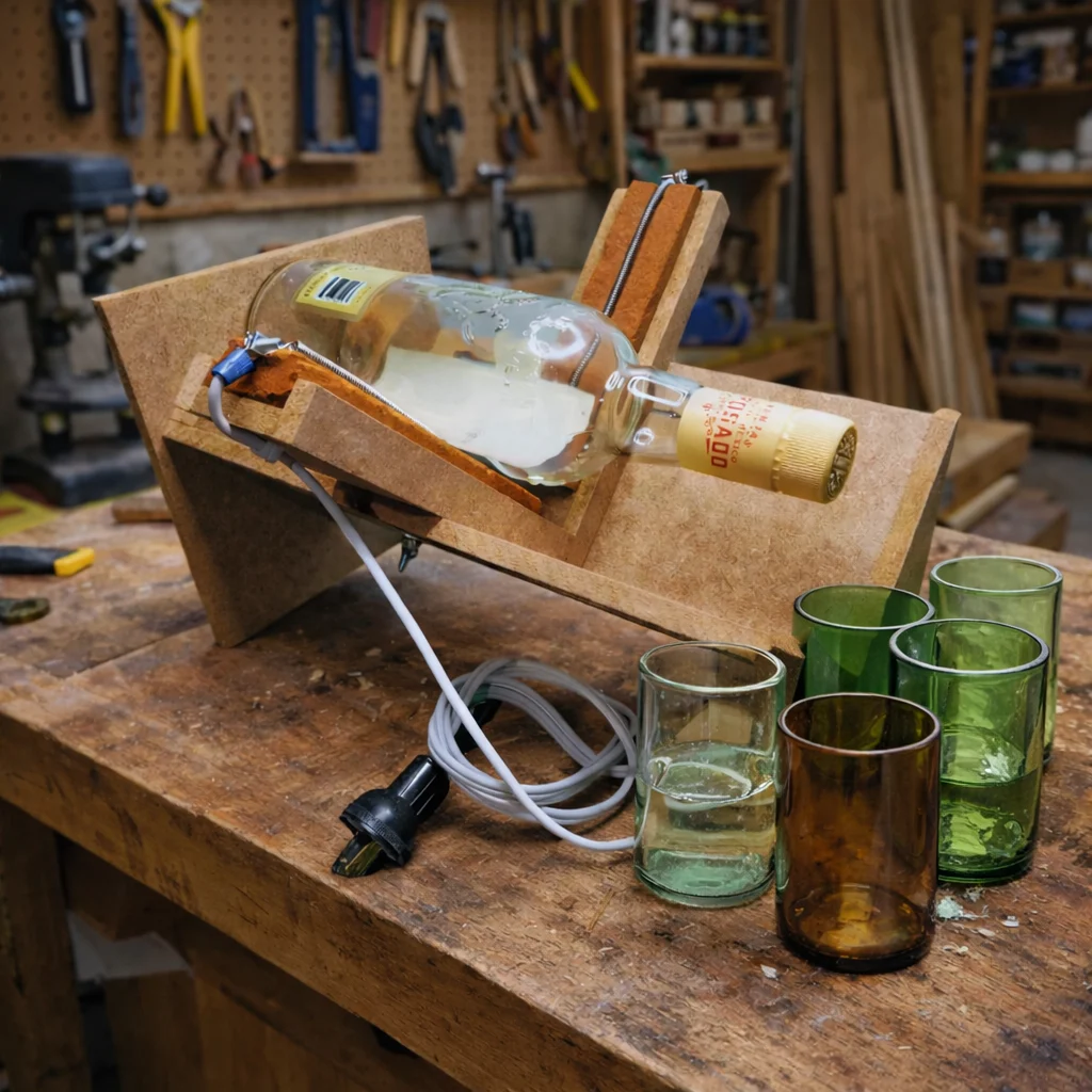Máquina cortadora de botellas en un taller junto a piezas de vidrio reutilizado